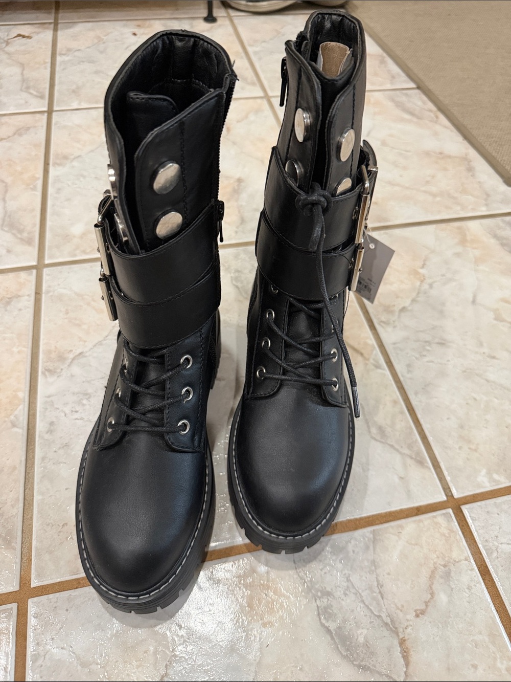 Women's SO Black Combat Boots with Buckle Detail new without box